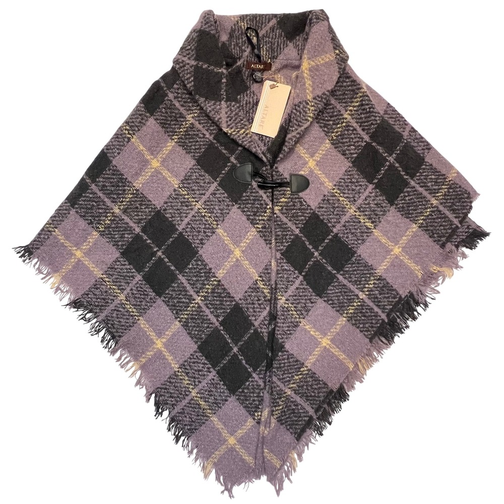 Altare Lavender‎ Black Plaid Fringed Comfycore Cape Shawl Poncho NWT One Size